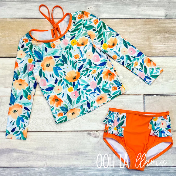 Orange Floral 2 Piece Swimsuit